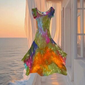 Vintage Y2K 90 Cottage Summer Party Whimsical Mermaid Rainbow Tie Dye Dress Gown